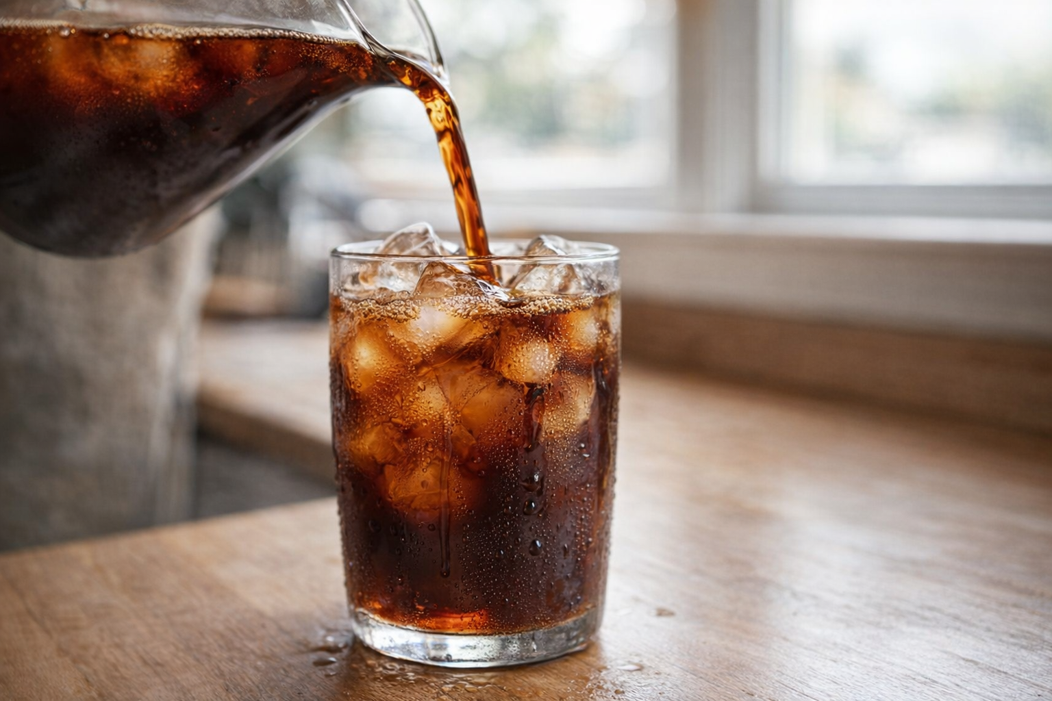 Iced coffee being poured over a glass filled with ice cubes, condensation forming on the glass, bright daylight